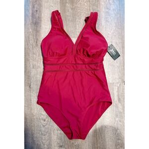 NWT DACI Classic Fashion Collection Women One Piece Swimsuit Deep‎ V Neck Red XL